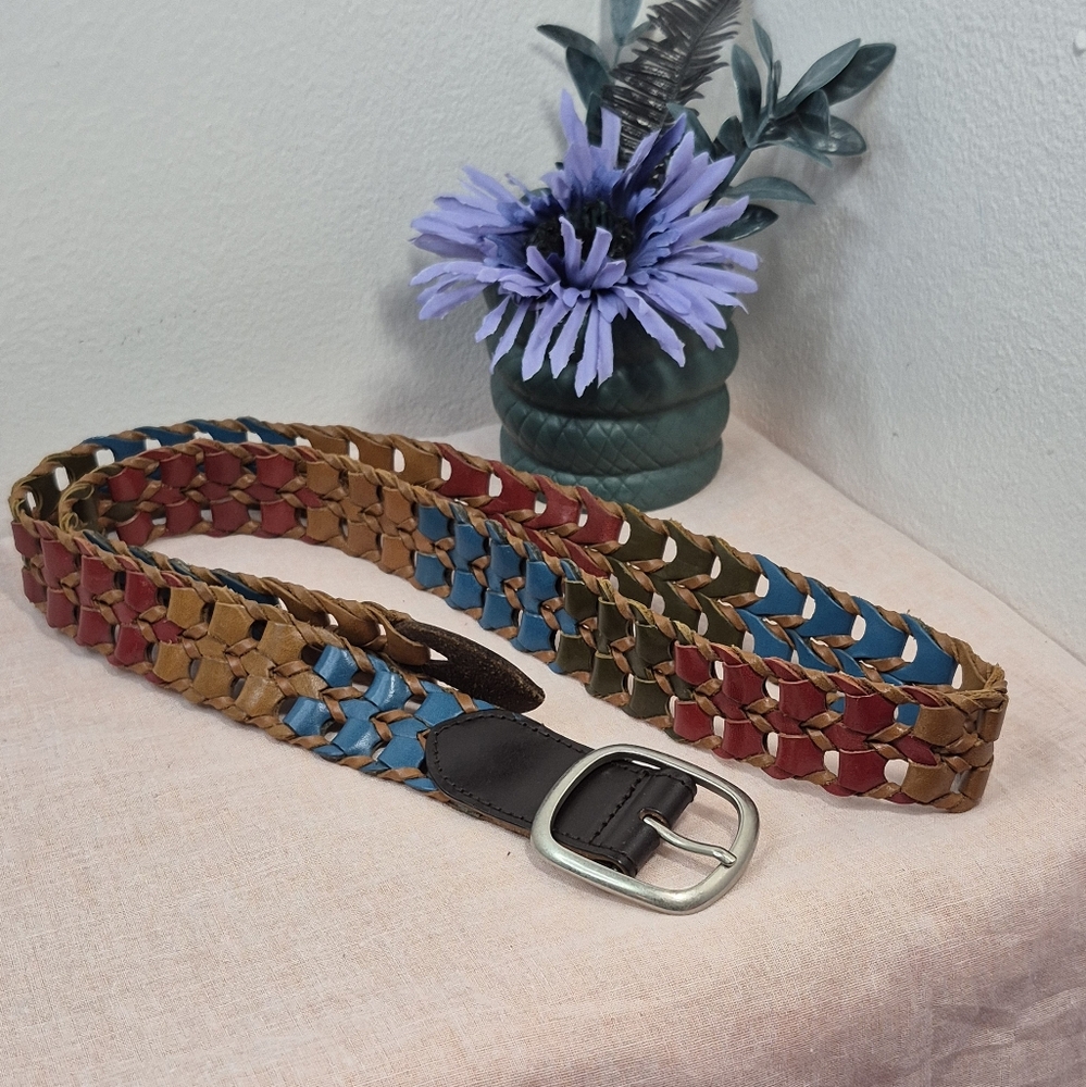 Vintage Woven Leather Belt with Silver Buckle